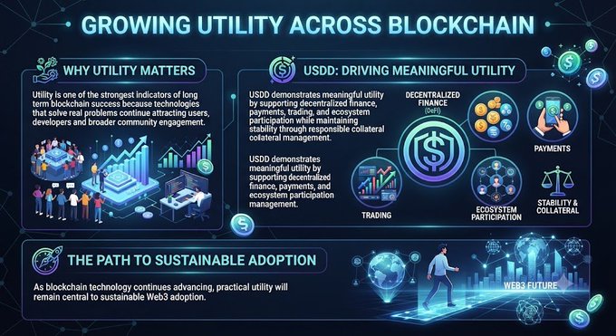 An infographic titled 'Growing Utility Across Blockchain' explaining why utility matters and highlighting USDD as a decentralized stablecoin driving meaningful utility through trading, payments, ecosystem participation, and stability & collateral.