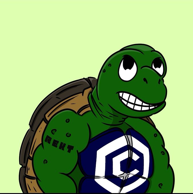 A cartoon image of a muscular green turtle with a dark blue vest featuring a white hexagonal logo, with 'RENT' tattooed on its arm.