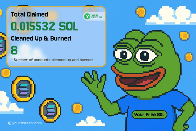 A pixel art image of a Pepe the Frog character wearing a blue shirt labeled 'Your Free SOL', standing next to a panel showing 'Total Claimed 0.015532 SOL' and 'Cleaned Up & Burned 8' with floating coin icons on a blue sky background.