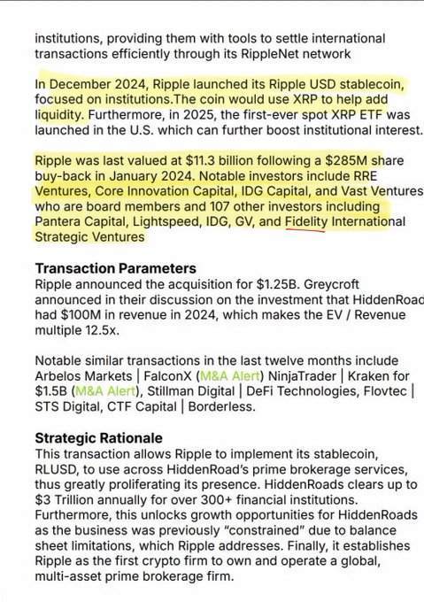 The image displays highlighted text from a financial document about Ripple's $1.25B acquisition, noting its December 2024 RLUSD stablecoin launch, $11.3B valuation, and key investors including Fidelity International Strategic Ventures. The accompanying post "Ripple Fidelity Documented" highlights the visible connection between the two companies through Fidelity's investment in Ripple.