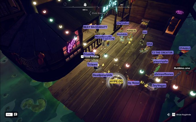A video game screenshot shows a floating wooden club called 'Club House' at night, populated with various player usernames like 'BERT BACCARATT', 'playcrypto', 'HYPE.00', and 'JayVegas'.