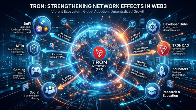 The image is a futuristic network diagram highlighting "TRON: Strengthening Network Effects in Web3" with "TRON Network (TRX)" at the center, connected to ecosystem pillars including DeFi, NFTs, Gaming, Social, Developer Hubs, TRON DAO, Incubators, and Research & Education, illustrating cross-chain interoperability and developer adoption. It visually reinforces the post's message about TRON's expanding role in Web3 by showcasing how its vibrant ecosystem of decentralized applications, community governance, and builder tools fuels global adoption.