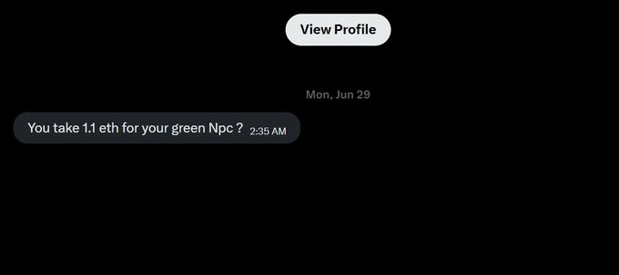 A screenshot of a messaging conversation dated Mon, Jun 29, showing a message that reads 'You take 1,1 eth for your green Npc ?' at 2:35 AM, with a 'View Profile' button visible.
