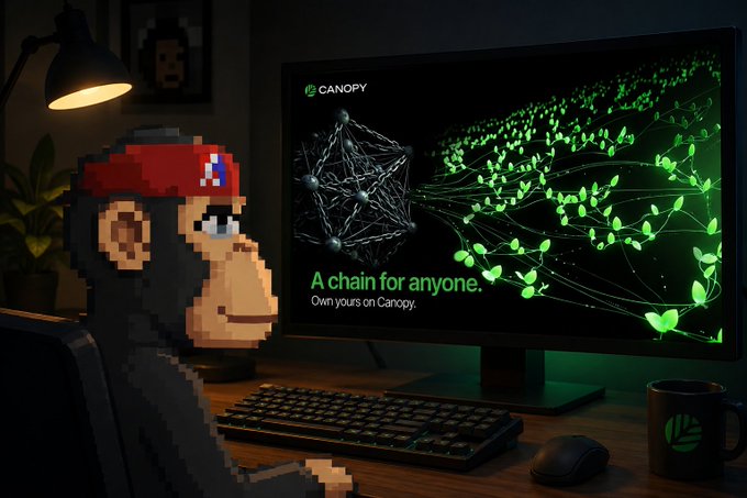 Digital artwork of a pixel-art monkey character wearing a red cap with an 'H' logo, sitting at a desk in front of a computer monitor displaying 'CANOPY' branding with the tagline 'A chain for anyone. Own yours on Canopy.'
