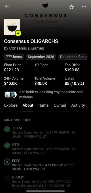 A NFT collection page on OpenSea for 'Consensus OLIGARCHS' by Consensus_Games on the Robinhood Chain, showing a floor price of $221.23 and details for mint schedule phases including TEAM, GTD, FCFS, and PUBLIC.
