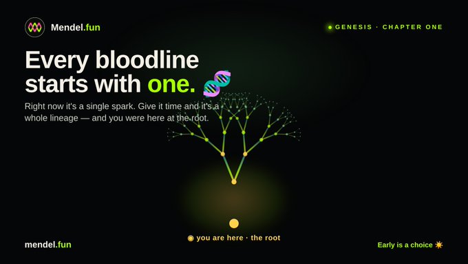 A digital graphic for 'Mendel.fun' with the headline 'Every bloodline starts with one,' a tagline about lineage, and a glowing tree diagram labeled 'you are here · the root' with 'GENESIS · CHAPTER ONE' in the corner.