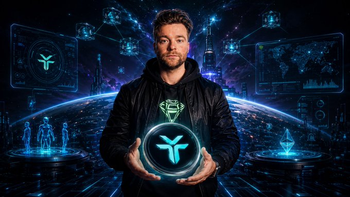 A man stands against a futuristic, tech-themed backdrop featuring holographic screens, digital globes, and cryptocurrency motifs, holding a glowing emblem resembling the DeXe ($DEXE) logo. The image visually reinforces the post's excitement about $DEXE's massive 87% monthly and 389% yearly price surge, framing the achievement within a high-tech, crypto-focused aesthetic.