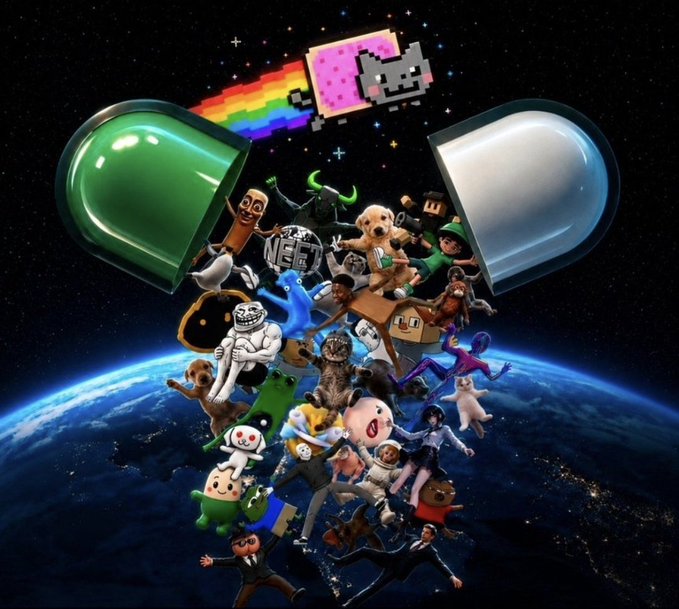 A pixelated Nyan Cat with a rainbow trail flies above a cloud of various internet memes emerging from a white capsule against a starry space backdrop with Earth below.