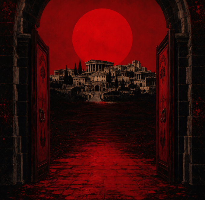 A dark, red-tinted illustration shows a stone pathway leading through an open ornate doorway toward a classical city, with a large red moon dominating the sky above.