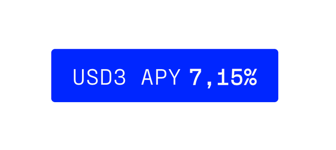 A blue rectangular button or banner with white text reading 'USD3 APY 7,15%', indicating a financial yield offer.