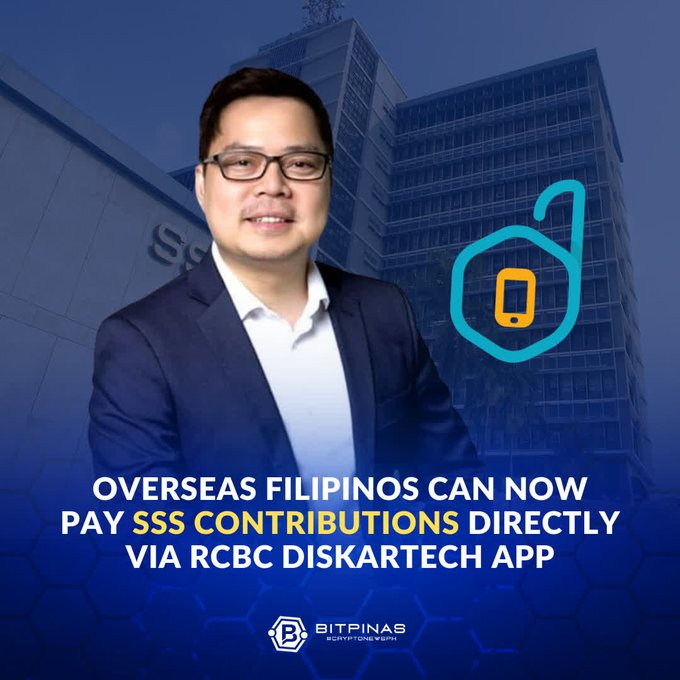 A news graphic from BitPinas featuring a man in a suit, with text 'OVERSEAS FILIPINOS CAN NOW PAY SSS CONTRIBUTIONS DIRECTLY VIA RCBC DISKARTECH APP' alongside an RCBC logo.