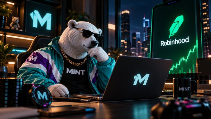 Digital illustration of a bear wearing sunglasses and an 'M' jacket working on an 'M' laptop, with a Robinhood logo and rising green stock chart in the background.