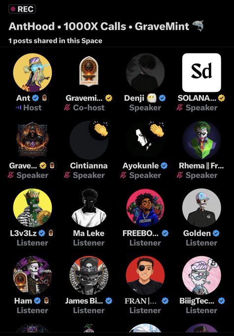 A screenshot from an X (Twitter) audio Space titled 'AntHood • 1000X Calls • GraveMint' lists participants including Ant as host, Gravemi as co-host, and various speakers and listeners represented by NFT avatars.
