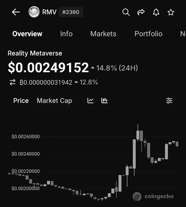 A CoinGecko mobile screenshot shows Reality Metaverse (RMV #2390) priced at $0.00249152, down 14.8% over 24 hours, with a candlestick price chart displayed.