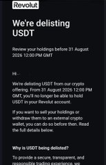 A Revolut announcement page titled 'We're delisting USDT' informing users that holdings must be reviewed before 31 August 2026 at 12:00 PM GMT, after which USDT will no longer be available in the account.