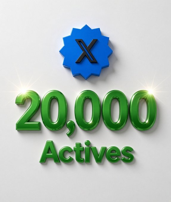 A 3D graphic displays a blue X (Twitter) badge above green balloon-style text reading '20,000 Actives'.