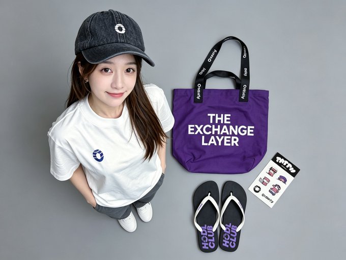 The image features a young woman standing next to various items, including a purple bag with "The Exchange Layer" written on it, flip flops, and a book titled "@Artistkatty's Orderly". The girl appears to be posing for the photo while holding her handbag in front of her.