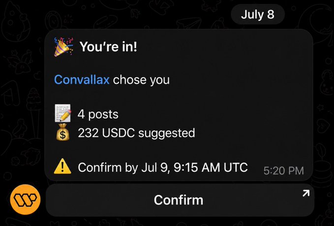 A notification on a crypto/Web3 campaign platform shows that "Convallax" selected the user for a 4-post campaign offering 232 USDC, with a confirmation deadline of July 9 at 9:15 AM UTC. The image visually represents the campaign offer the user decided to decline in the post, citing unfamiliarity with the project's prediction market focus.