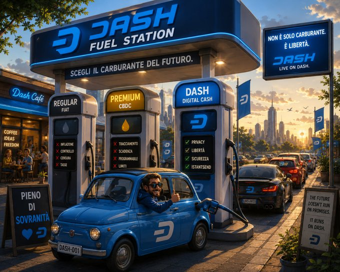 A promotional image for 'DASH FUEL STATION' featuring a blue Fiat car with a man in sunglasses giving a thumbs-up, alongside Italian text 'SCEGLI IL CARBURANTE DEL FUTURO' and 'NON È SOLO CARBURANTE, È LIBERTÀ' and fuel options like 'REGULAR FIAT', 'PREMIUM CBDC', and 'DASH DIGITAL CASH'.
