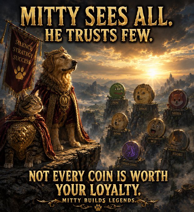 A fantasy-style promotional image for 'Mitty' cryptocurrency featuring a regal golden retriever and cat with text 'MITTY SEES ALL, HE TRUSTS FEW. NOT EVERY COIN IS WORTH YOUR LOYALTY' alongside meme coins like PEPE, DOGE, BONK, SHIBA, WIF, FLOKI, and OTHER COINS.