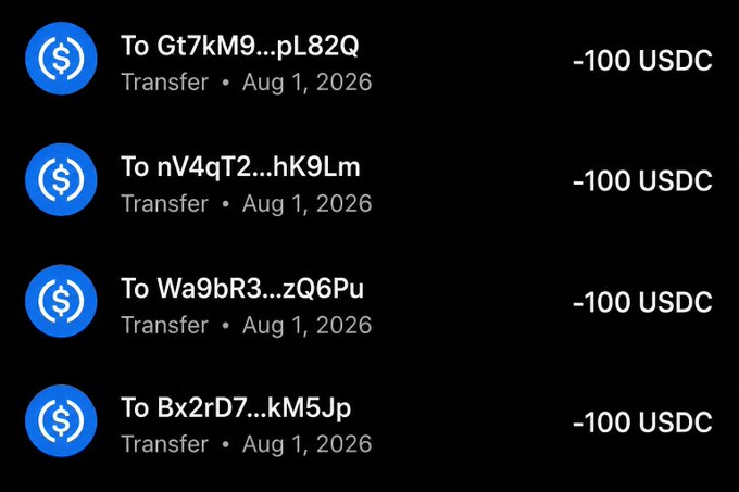 The image shows a screenshot of four completed USDC transfers of 100 USDC each, all dated Aug 1, 2026, sent to different Solana wallet addresses (Gt7kM9..., nV4qT2..., Wa9bR3..., Bx2rD7...). This appears to serve as proof of payment fulfilling the $1,000 giveaway promised in the post, demonstrating that winners have already received their $100 rewards via the Solana blockchain.