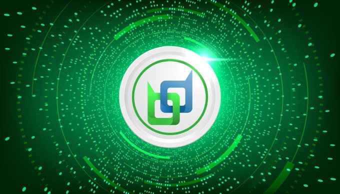 A green circular digital graphic featuring a central logo with interlocking blue and green shapes, surrounded by a glowing dotted ring pattern.