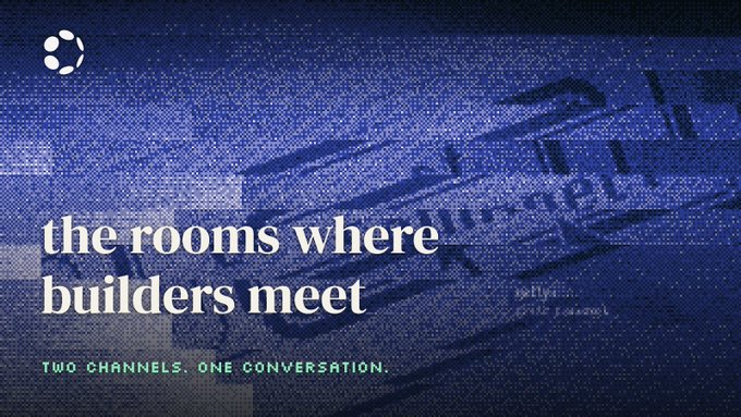 A dark blue textured graphic with the text 'the rooms where builders meet' and 'TWO CHANNELS. ONE CONVERSATION.' alongside a circular logo.