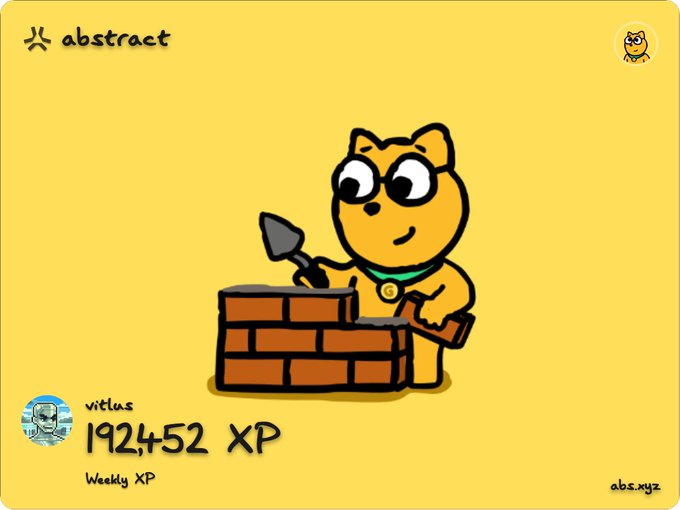 An 'abstract' rewards card shows a yellow cartoon cat building a brick wall, displaying 'vitlus' with 192,452 XP weekly.
