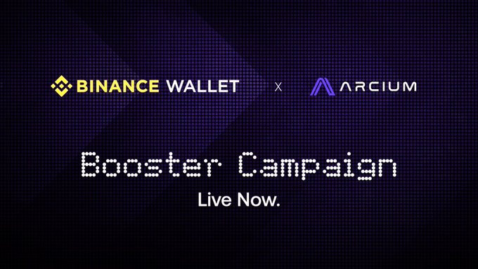 The image features an advertisement for an event called "Booster Campaign" that has been recently popularized by a Binance Wallet and an Arcium Wallet. The text on the image reads "Lately, this Arcium × Binance wallet boost event has been on a lot of people's minds". It also mentions that you can jump right in if you have a Binance Wallet MPC wallet with at least 2 Alpha points. The rewards for participating are 1.5 million ARX, which is split among the two wallets.