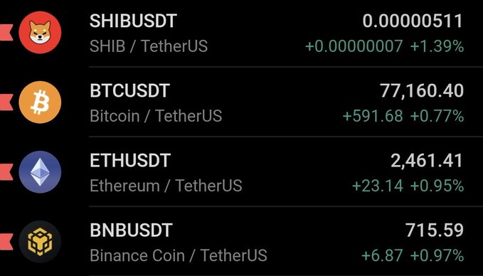 A cryptocurrency trading interface displaying prices for SHIBUSDT (0.00000511, +1.39%), BTCUSDT (77,160.40, +0.77%), ETHUSDT (2,461.41, +0.95%), and BNBUSDT (715.59, +0.97%).