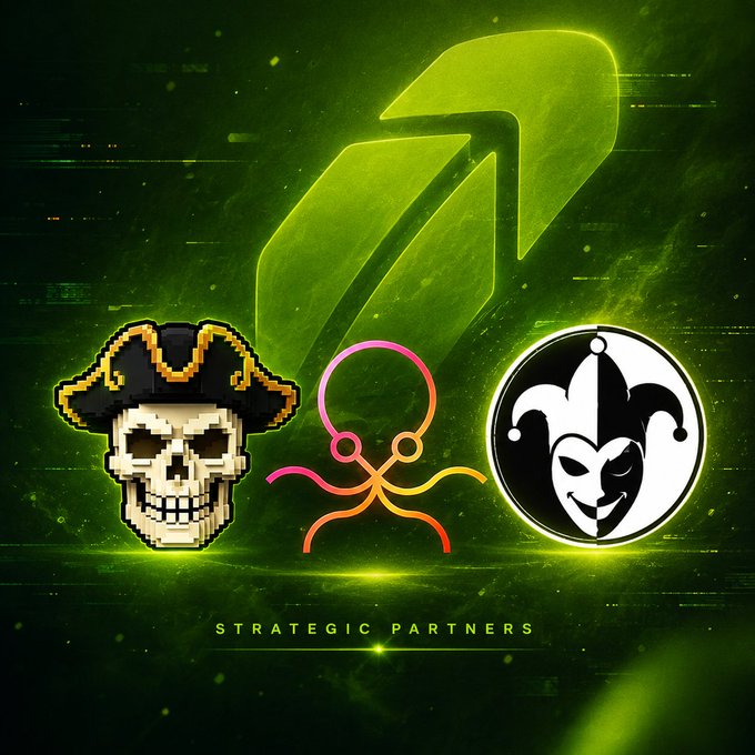 The image features a glowing green background with three logos—a pixelated pirate skull (Booty Wars/Booty Pirates), a colorful octopus-like emblem (Meme Maxxers), and a black-and-white jester mask (DotStorm)—with the text "STRATEGIC PARTNERS" below, visually representing the collaboration announced between Meme Maxxers, Booty Wars, and DotStorm as new strategic partners on Robinhood Crypto.