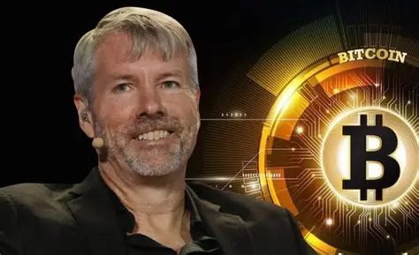 MicroStrategy founder Michael Saylor stands in front of a large Bitcoin logo backdrop.