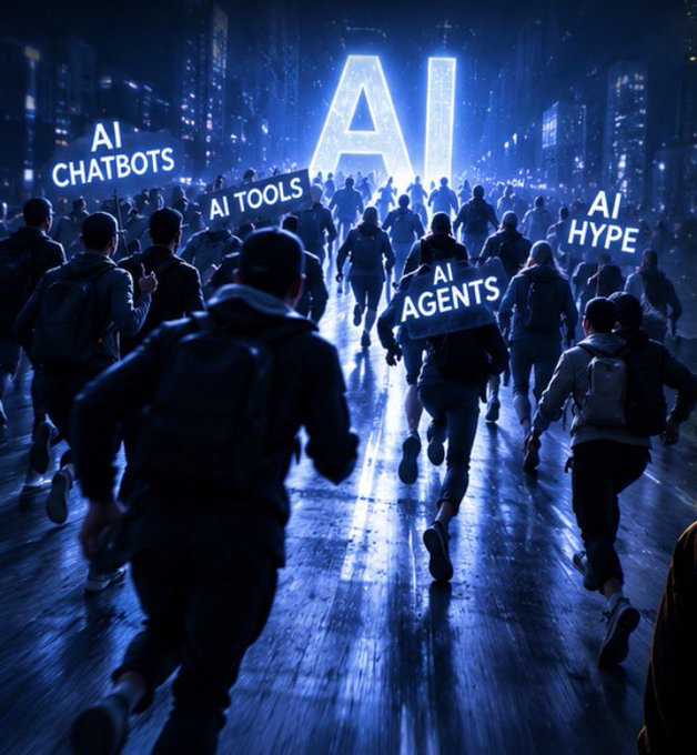 A crowd of people run toward a glowing "AI" sign in the distance, with signs reading "AI CHATBOTS," "AI TOOLS," "AI AGENTS," and "AI HYPE" scattered throughout the scene. The image visually captures the widespread frenzy around artificial intelligence, mirroring the post's theme of distinguishing real on-chain AI innovation—like Bittensor ($TAO)—from the broader hype surrounding AI.