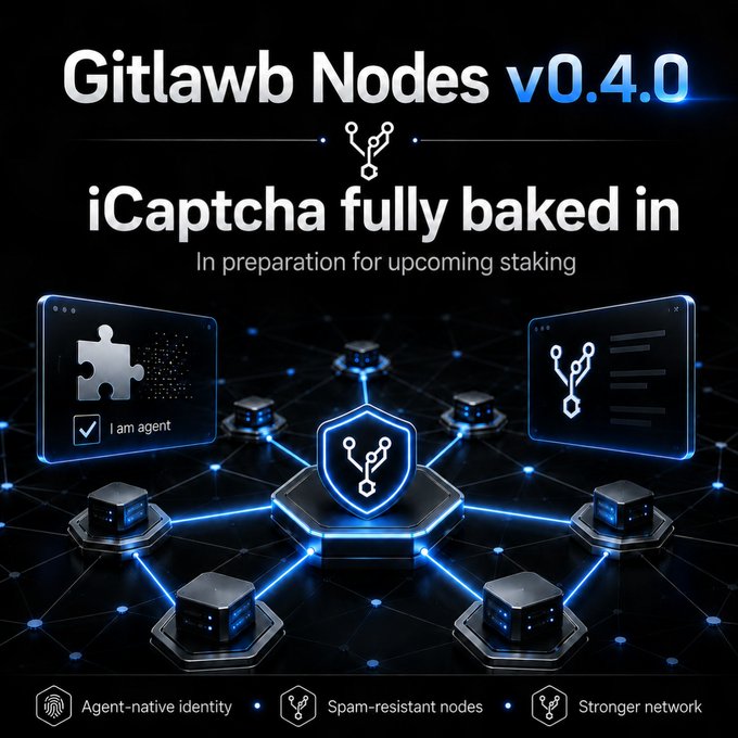 A promotional graphic for 'Gitlawb Nodes v0.4.0' announces 'iCaptcha fully baked in' ahead of staking, featuring a network diagram and labels for 'Agent-native identity,' 'Spam-resistant nodes,' and 'Stronger network.'