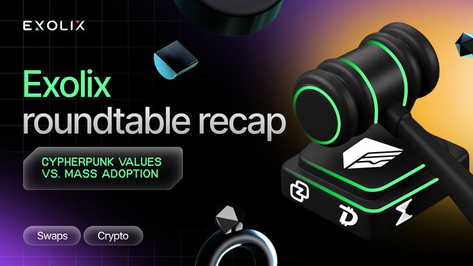 The image features a black background with a green gavel, which is part of an advertisement for Exolix. The gavel is surrounded by various objects such as a ring, a diamond, and a crystal ball. The text on the image reads "Exolix Roundtable Recap".