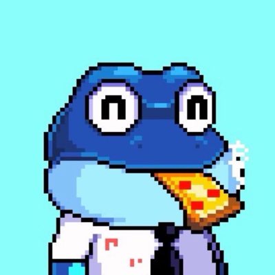 A pixel art image of a blue frog holding a slice of pizza, set against a light cyan background.