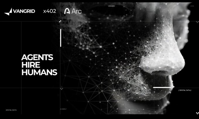 A promotional graphic for VanGrid x Arc with the text 'AGENTS HIRE HUMANS' displayed over a black and white image of a face with digital network nodes overlay.