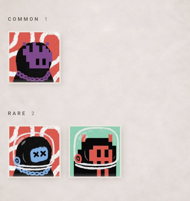 An NFT rarity tier display showing a 'COMMON 1' pixelated character artwork in a pink square, and two 'RARE 2' character artworks in red and teal squares, all featuring stylized pixelated figures with helmets.