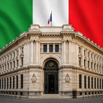 The image shows the historic Banca d'Italia (Bank of Italy) building in Rome with its name inscribed above the entrance, set against the Italian flag. The post highlights the irony of Italy's largest bank selling off 94% of its Bitcoin holdings, with the imposing central bank symbolizing the weight of this decision against the backdrop of a nation embracing digital assets.