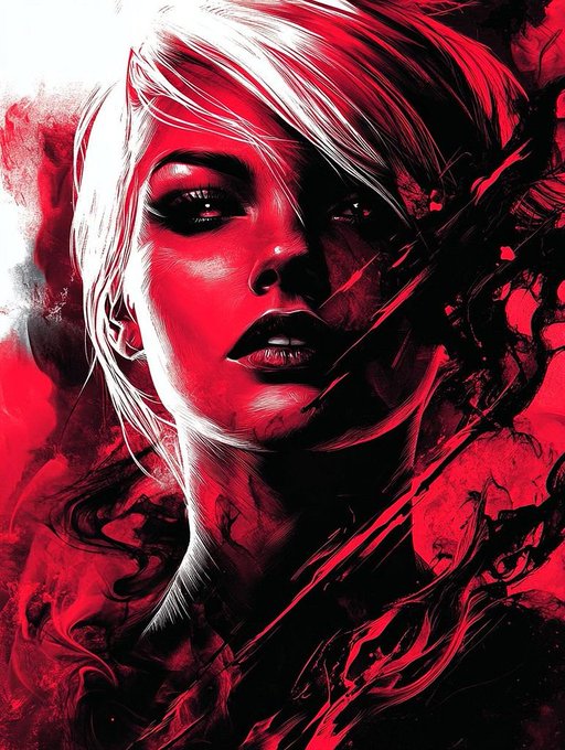 Stylized digital artwork featuring a woman's face rendered in dramatic red and black tones with flowing abstract elements.
