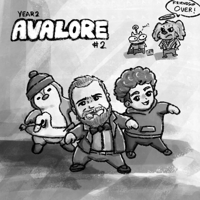 A black-and-white cartoon titled "YEAR 2 AVALORE #2" features three chibi characters posing heroically in the foreground, while in the corner, a shocked bear-like character yells "FRIENDSHIP OVER!" at a confused frog labeled "Feels," capturing the playful meme-like tone that matches the "Holy goated image this week" hype.