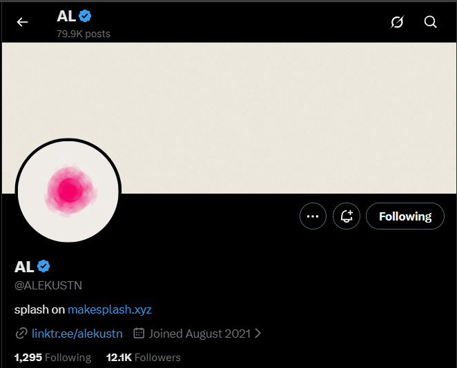 Twitter/X profile page for 'AL' (@ALEKUSTN), verified account with 79.9K posts and 12.1K followers, promoting makesplash.xyz.