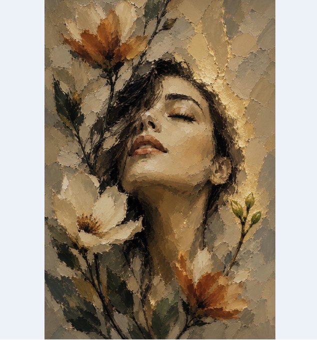 An oil painting depicting a woman with her eyes closed and head tilted back, surrounded by white and orange floral blooms rendered in a textured, mosaic-like style.