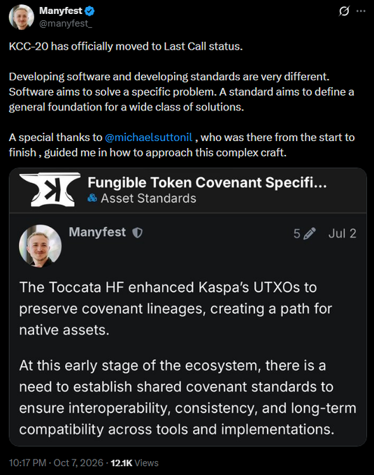 A tweet from Manyfest (@manyfest) announcing that KCC-20 has officially moved to Last Call status, discussing the difference between developing software and standards, and highlighting the Fungible Token Covenant Specification for Kaspa's UTXOs to create native assets.