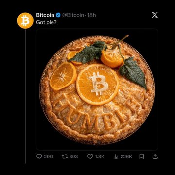A screenshot of a Bitcoin X post captioned "Got pie?" showing an orange-themed pie with a Bitcoin logo and the word "HUMBLE" baked into the crust, tied to a comment referencing the Bitcoin account and the cryptocurrency $ORANGE as a playful non-sell reminder.