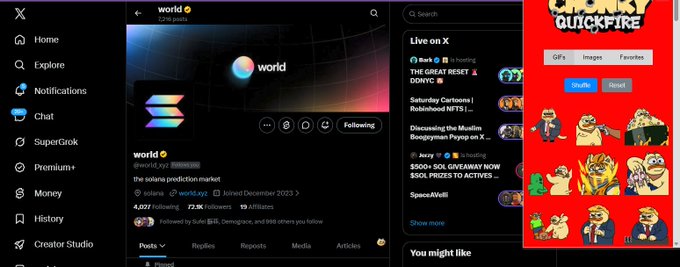 The image displays the X (Twitter) profile page for "world" (@world_xyz), which describes itself as "the solana prediction market" with 4,027 followers, 72.3K following, and 93 affiliates. Alongside this is an advertisement for "Shotsy Quickfire," featuring various character graphics with buttons labeled "Shuffle," "Reset," "GIFs," "Images," and "Favorites."

The image relates to the post by showing the @world_xyz account being tagged, which represents a Solana-based prediction market platform where users are hoping to receive a potential airdrop, as mentioned in the post.