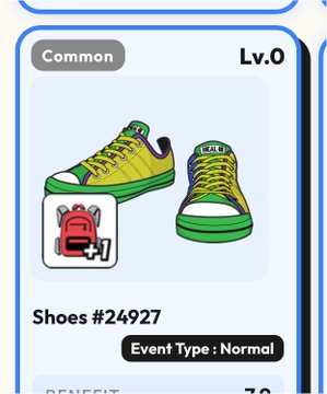 A game interface card shows a pair of 'Common' level 0 sneakers labeled 'Shoes #24927' with a red backpack icon.