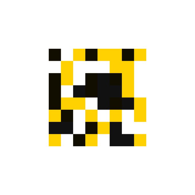 A simpler pixelated mosaic using only black, yellow, and white squares forming an irregular blocky pattern on a white background.