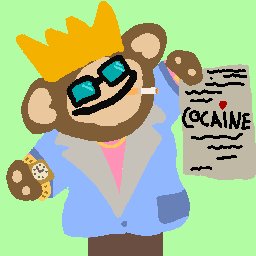 A cartoon NFT-style illustration of a monkey character wearing a yellow crown, sunglasses, and a blue suit, holding up a paper labeled 'COCAINE'.