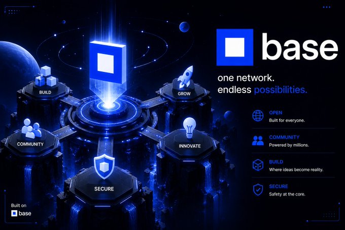 A promotional graphic for "base" with the tagline "one network. endless possibilities." featuring a futuristic blue 3D illustration with hexagonal platforms labeled BUILD, GROW, INNOVATE, SECURE, and COMMUNITY.